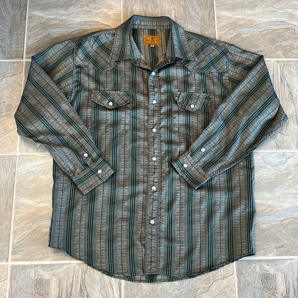 Scorpio Pearl Snap Front Striped Shirt XL Flap Pockets Made in USA M
